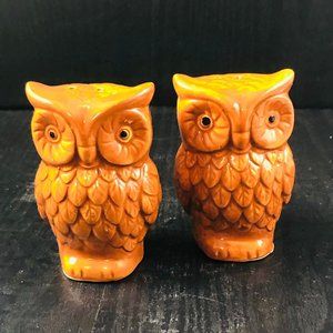 Vintage Ceramic Pair Owls Shakers Cork Stoppers Golden Brown Honey BOHO Retro De